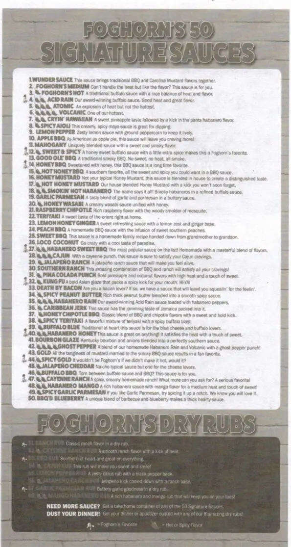 Foghorn's Menu