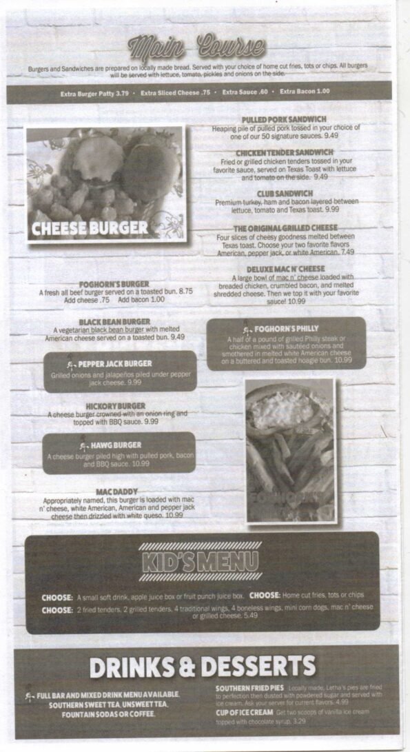 Foghorn's Menu