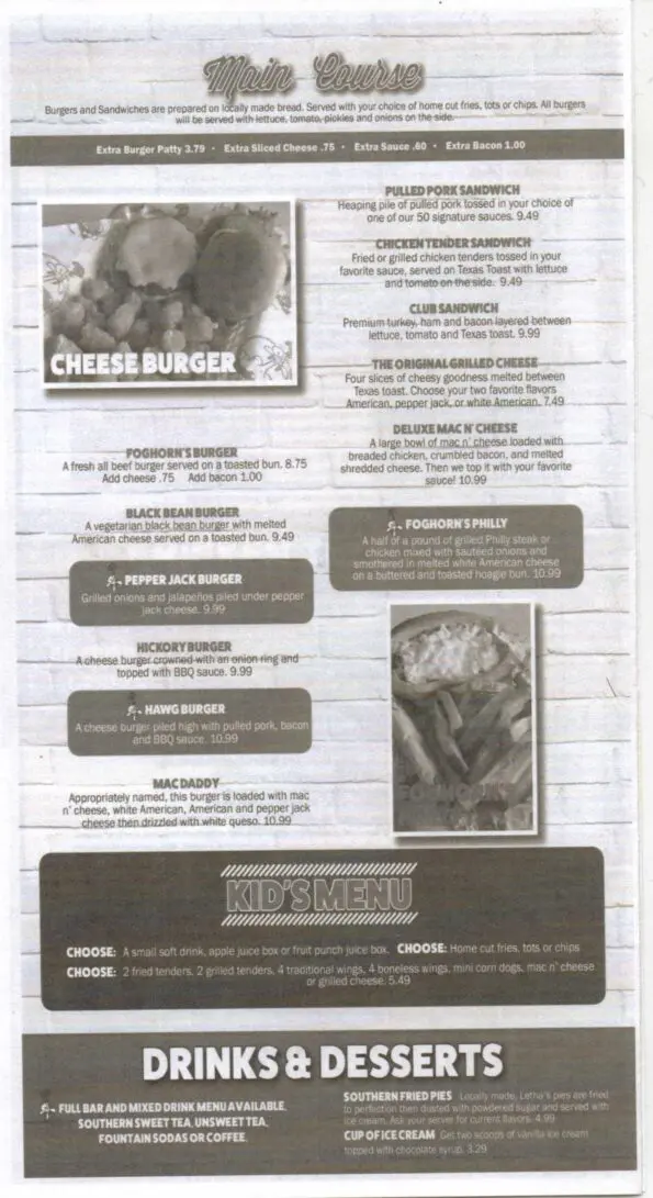 Foghorn's Menu
