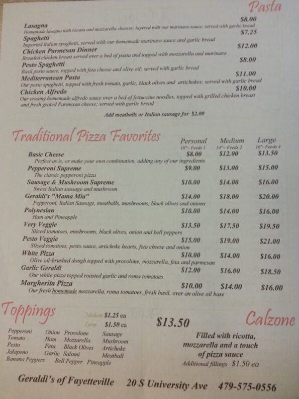 Geraldi's Fayetteville Menu