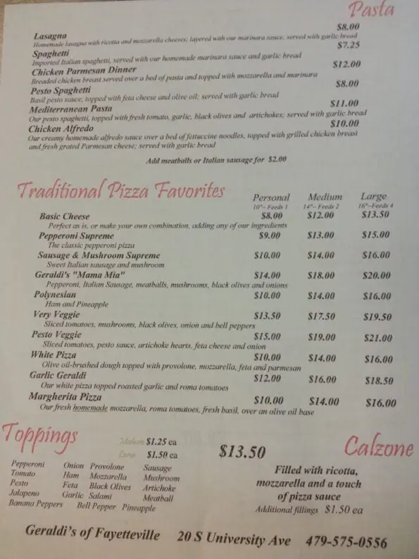 Geraldi's Fayetteville Menu