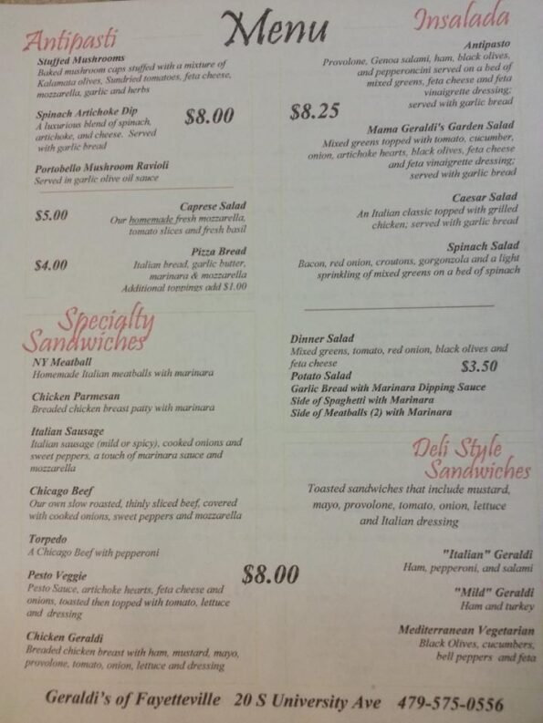 Geraldi's Fayetteville Menu