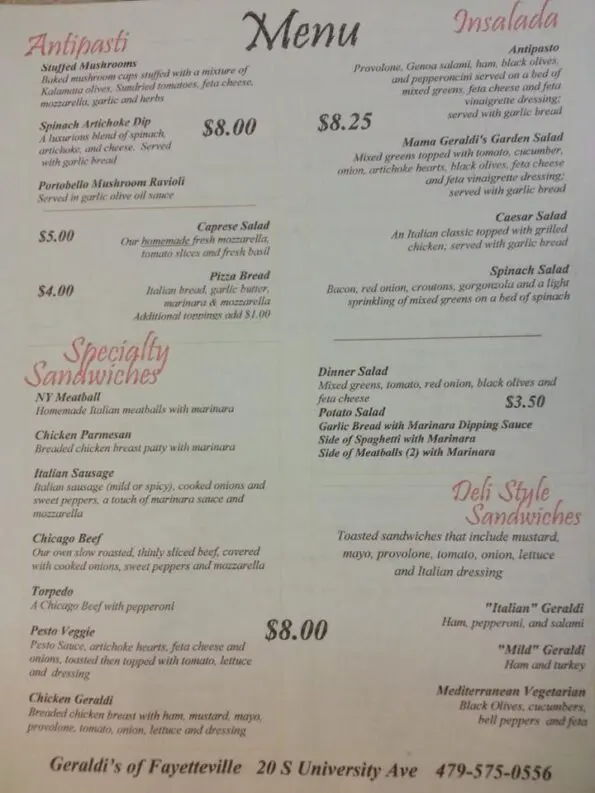 Geraldi's Fayetteville Menu