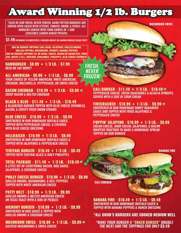 Grubs Bar & Grille Rogers Menu