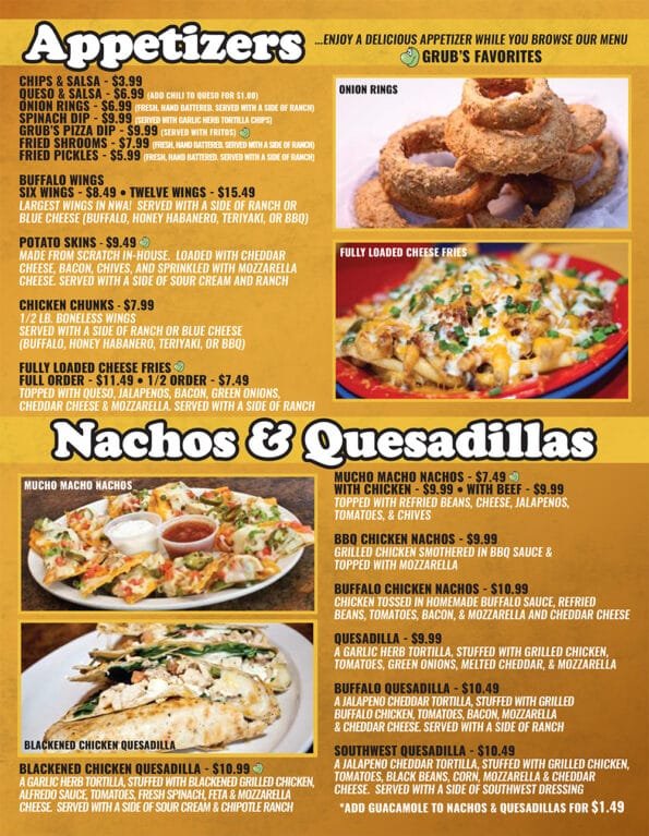 Grubs Bar & Grille Rogers Menu