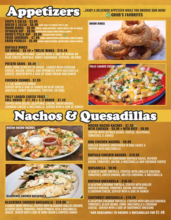Grubs Bar & Grille Rogers Menu
