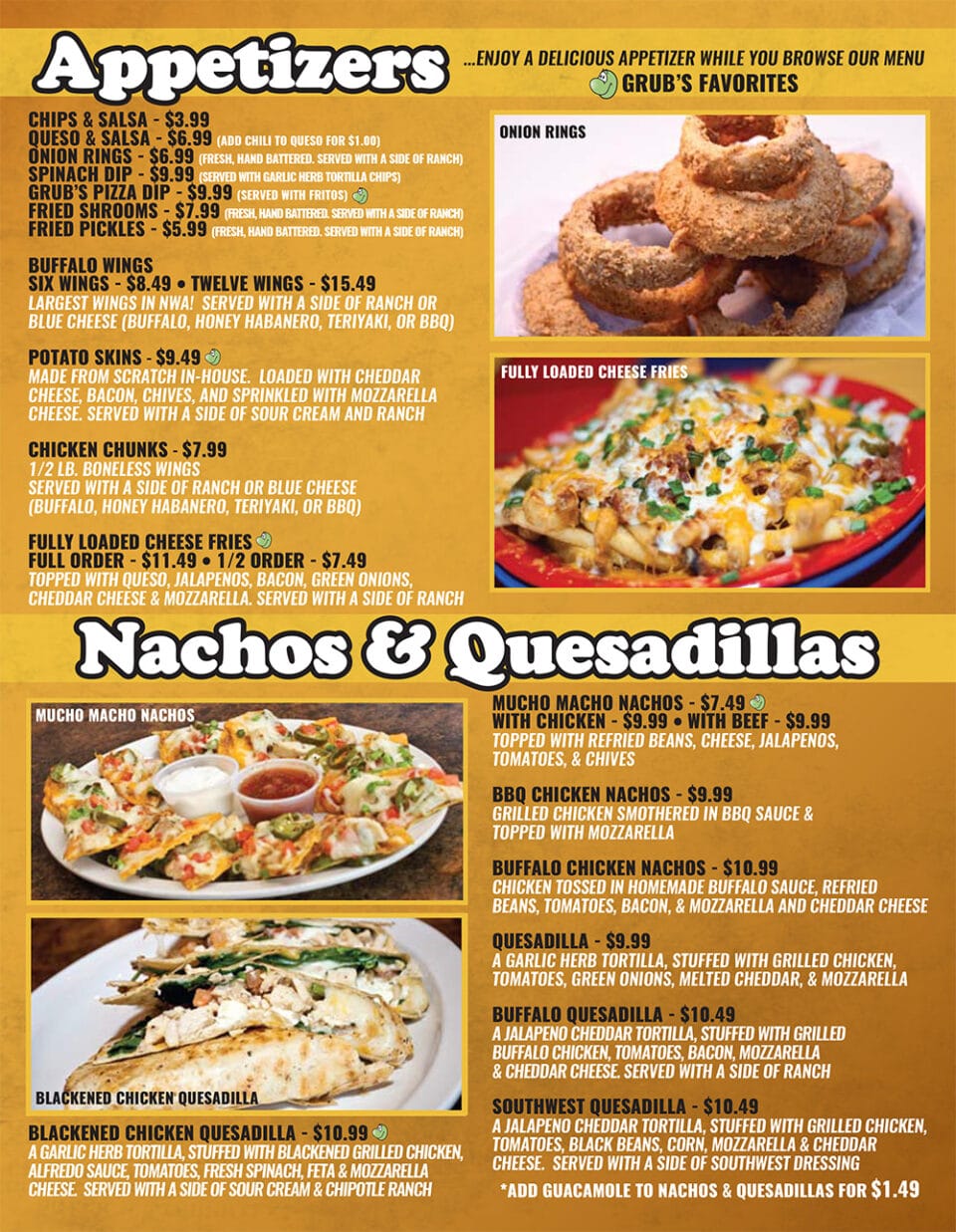 Grubs Bar & Grille Rogers Menu