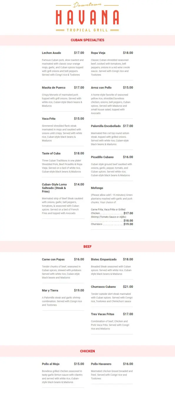 Havana Tropical Grill Rogers AR Menu