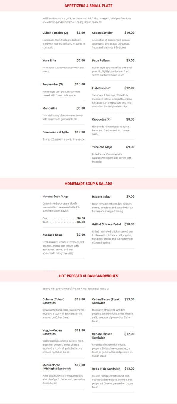 Havana Tropical Grill Rogers AR Menu