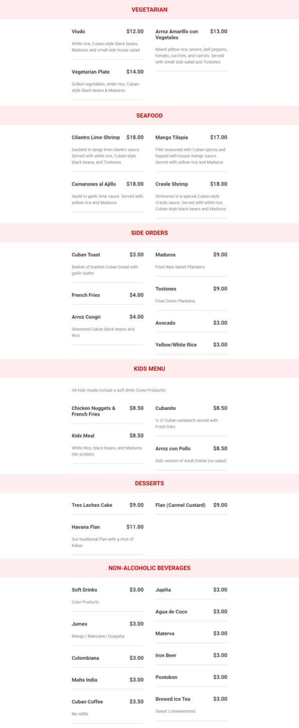 Havana Tropical Grill Rogers AR Menu