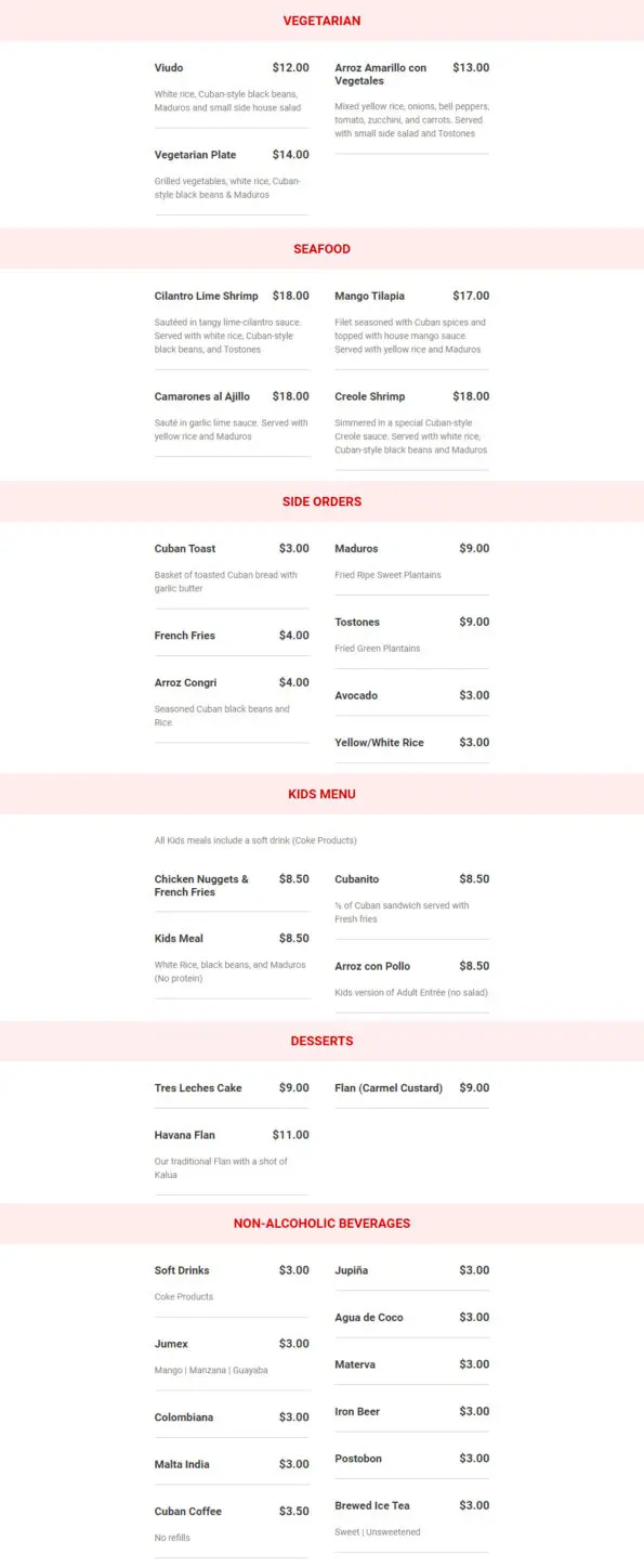 Havana Tropical Grill Rogers AR Menu