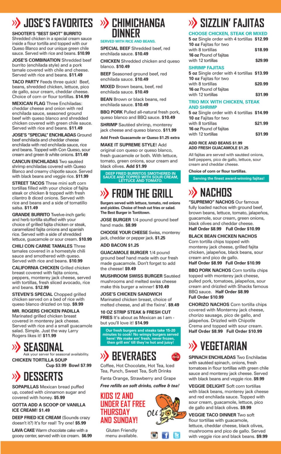 Jose's Bar & Grill Springdale Dinner Menu 2