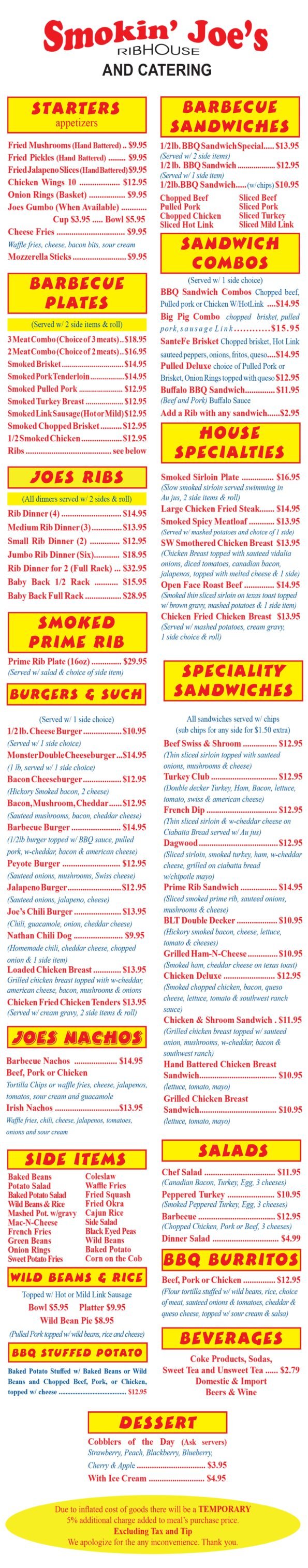 Smokin Joe's Ribhouse Menu
