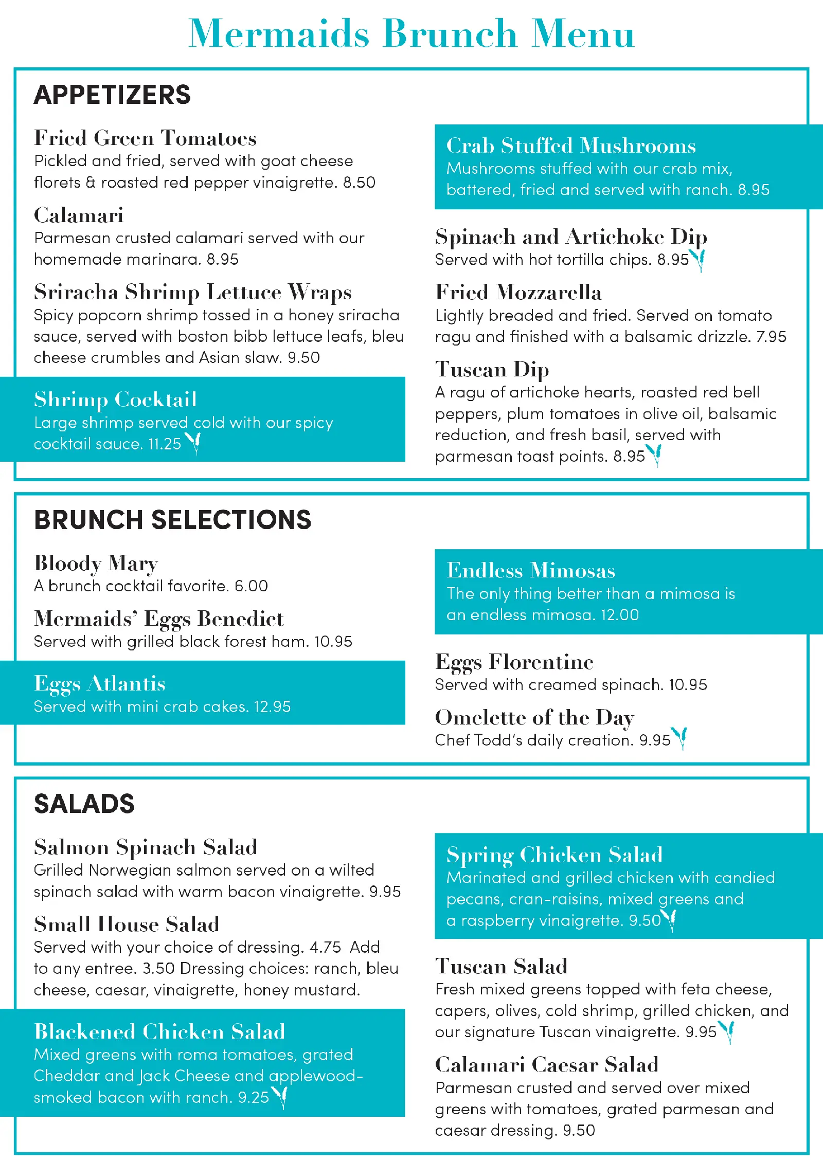 Mermaids Seafood Restaurant Brunch Menu