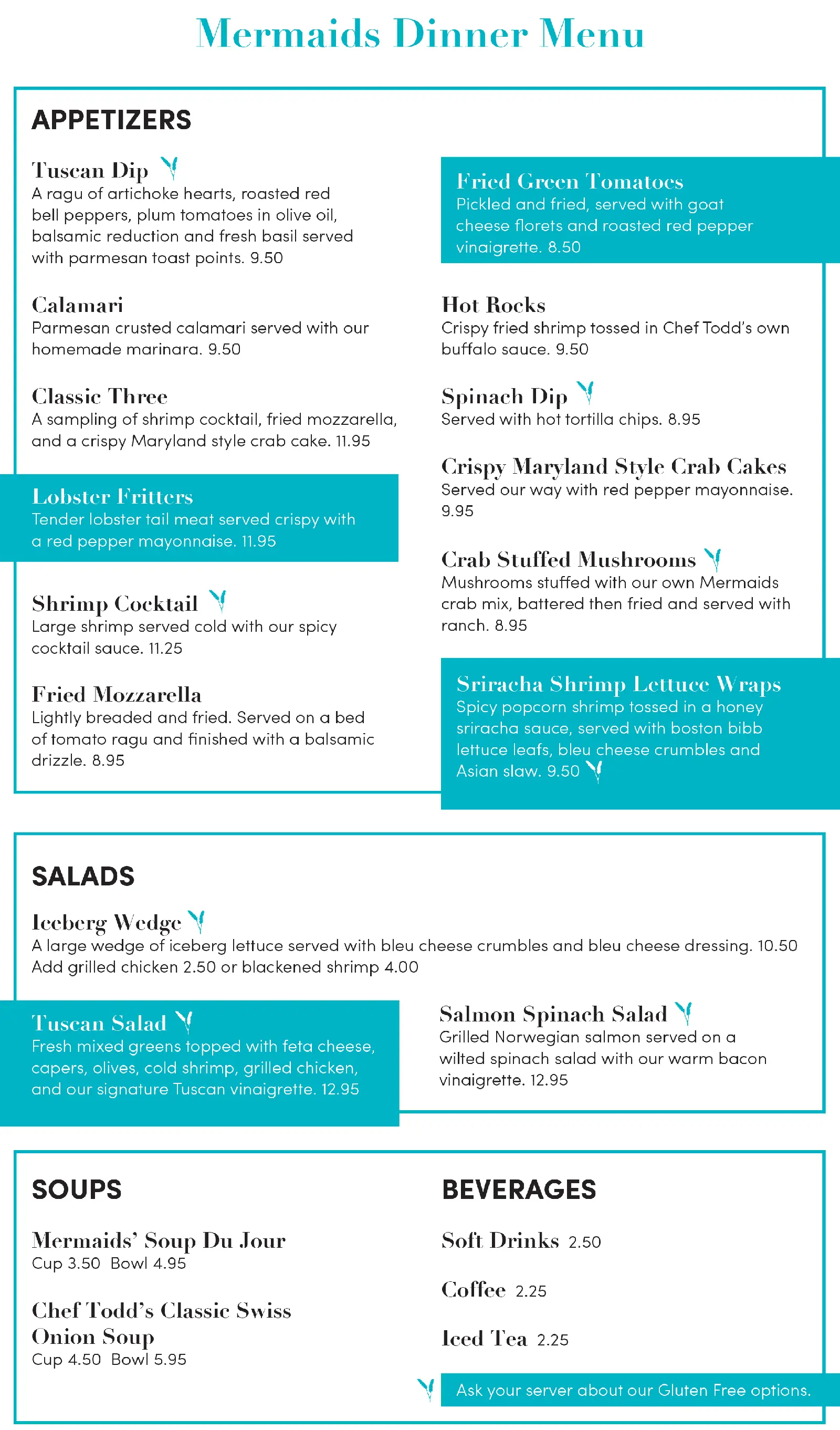 Mermaids Seafood Restaurant Dinner Menu