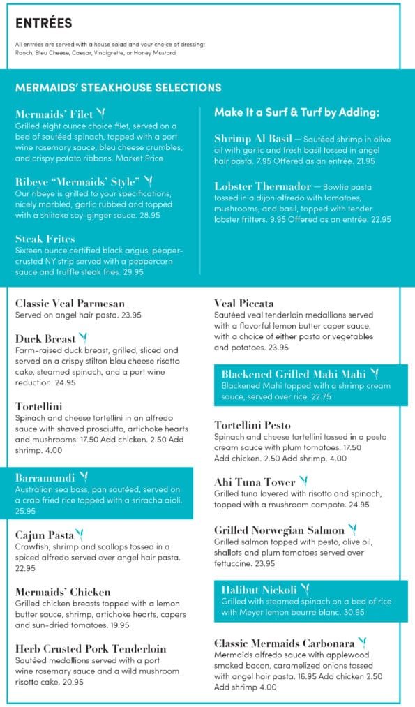 Mermaids Seafood Restaurant Dinner Menu
