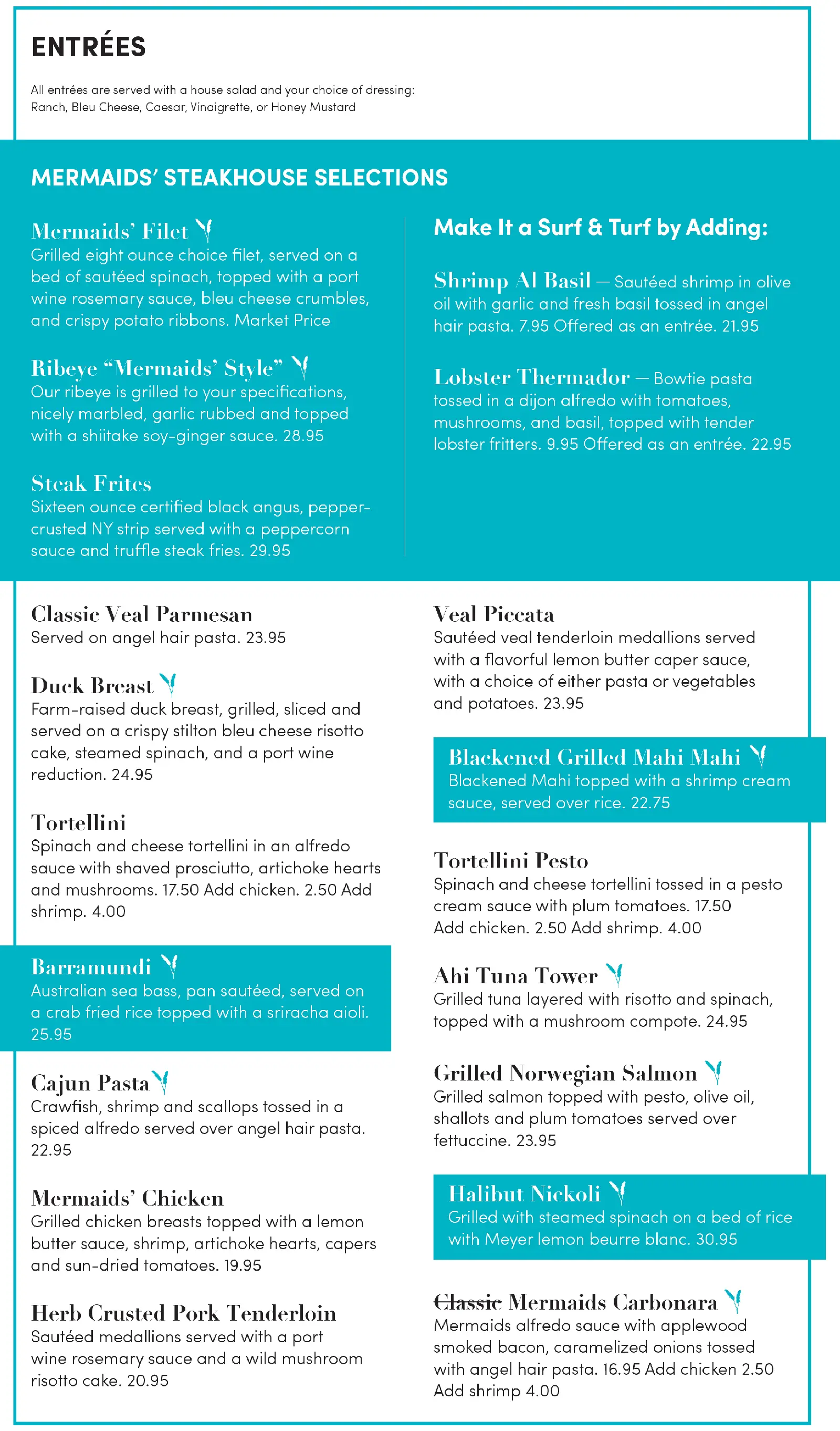 Mermaids Seafood Restaurant Dinner Menu