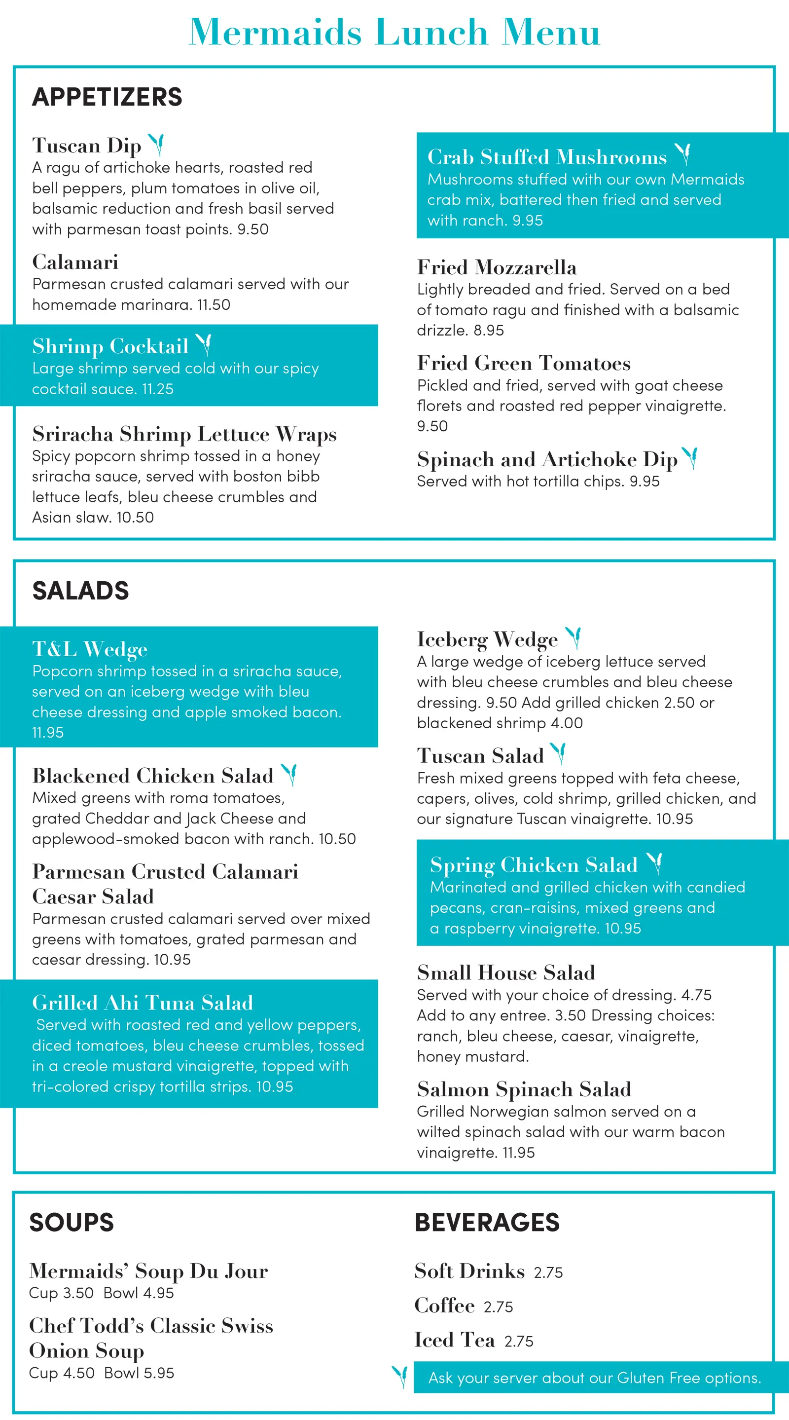 Mermaids Seafood Restaurant Lunch Menu