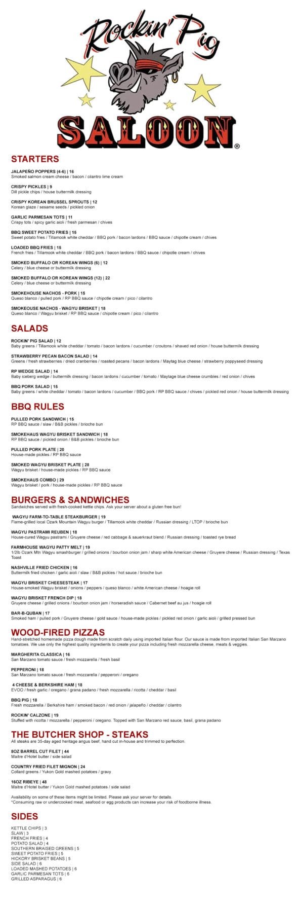 Rockin' Pig Saloon Menu - Eureka-Springs