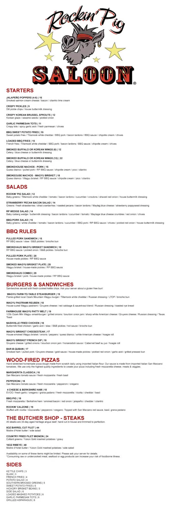 Rockin' Pig Saloon Menu - Eureka-Springs