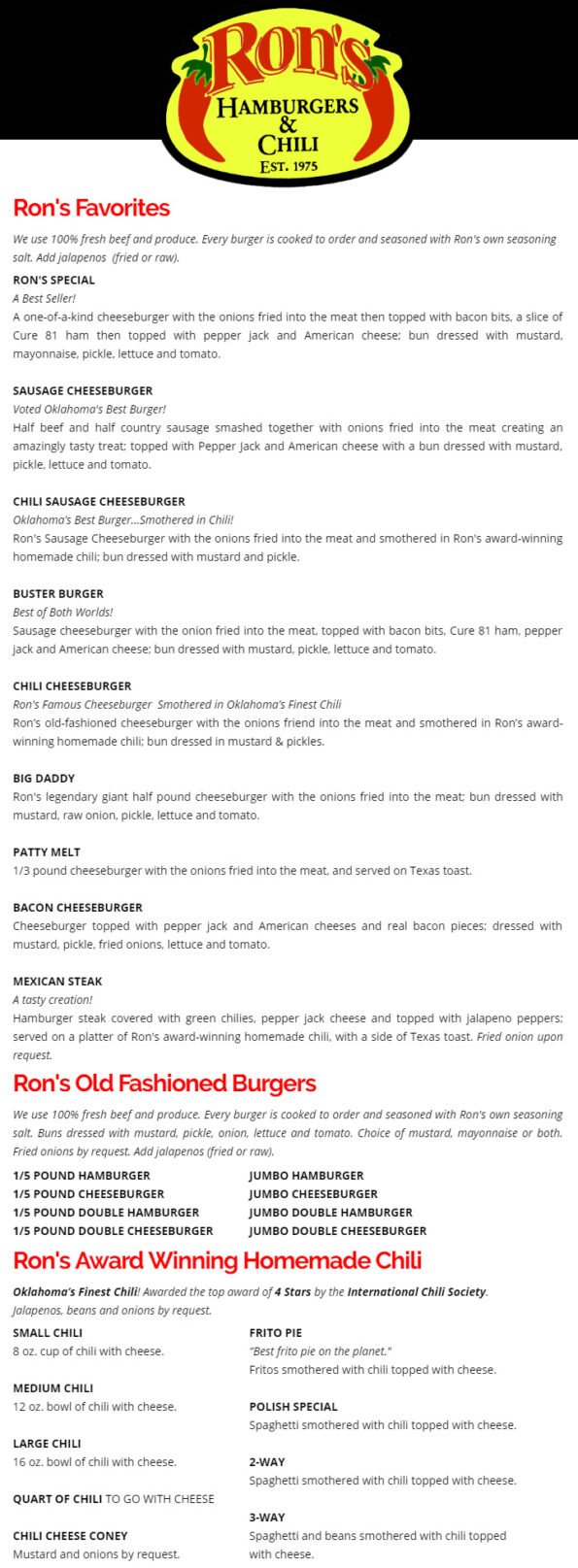 Ron's Hamburgers & Chili Bentonville Menu