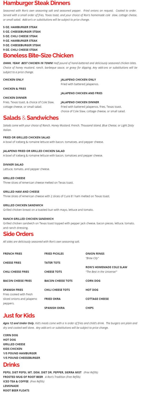 Ron's Hamburgers & Chili Bentonville Menu