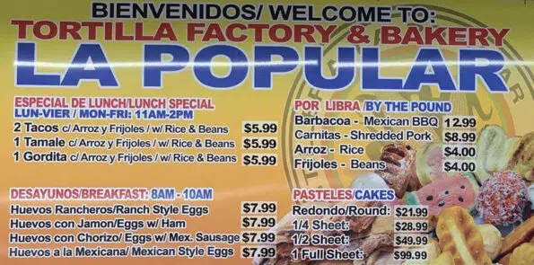 Tortilleria El Palomino Menu - Rogers Arkansas