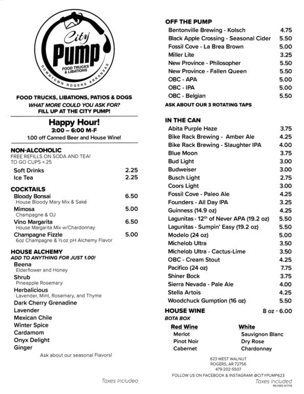 City Pump Downtown Rogers Menu