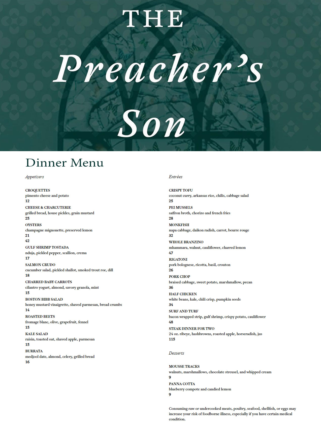 The Preacher's Son - Dinner Menu