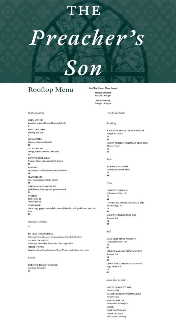 The Preacher's Son - Rooftop Dinner Menu