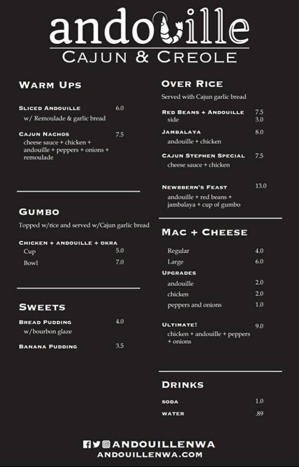 Andouille Cajun and Creole Food Truck Menu