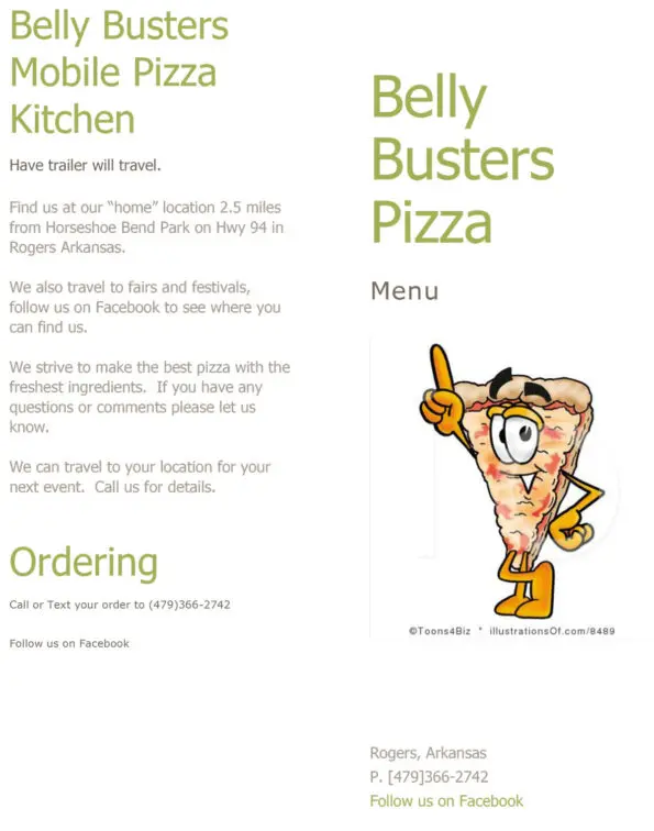Belly Busters Mobile Pizza Kitchen Menu