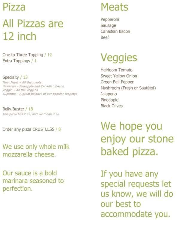 Belly Busters Mobile Pizza Kitchen Menu