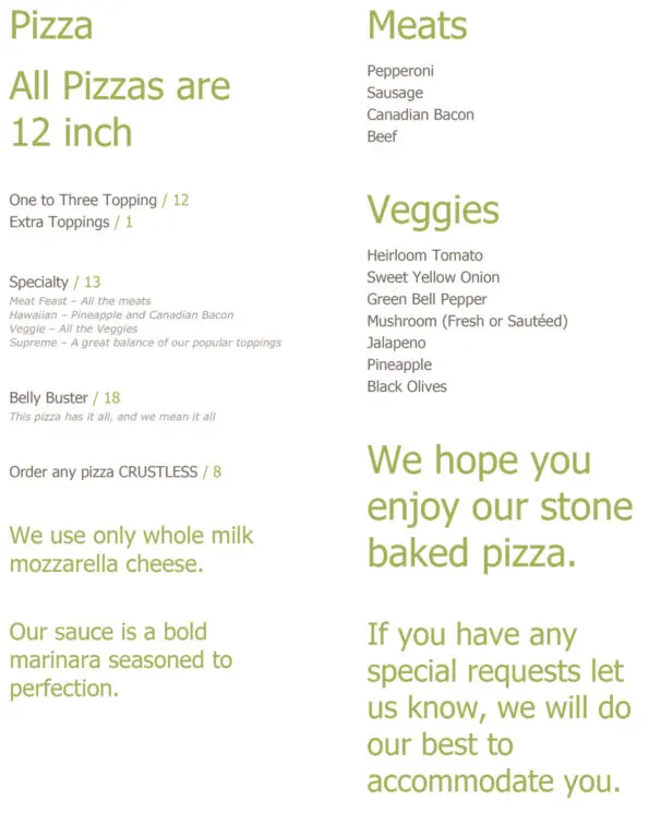 Belly Busters Mobile Pizza Kitchen Menu