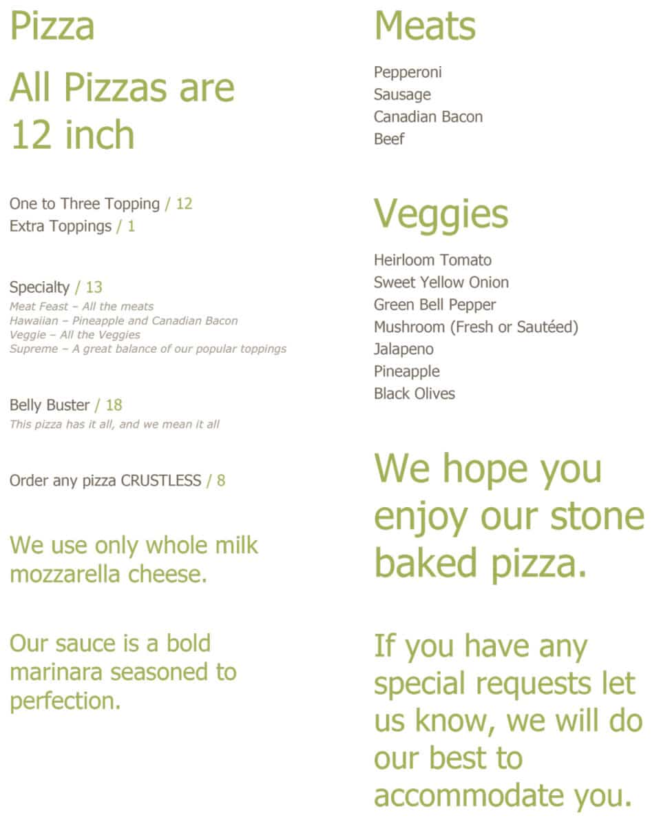 Belly Busters Mobile Pizza Kitchen Menu