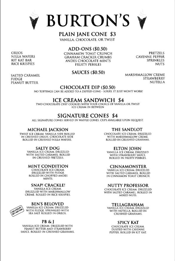 Burton's Creamery Menu