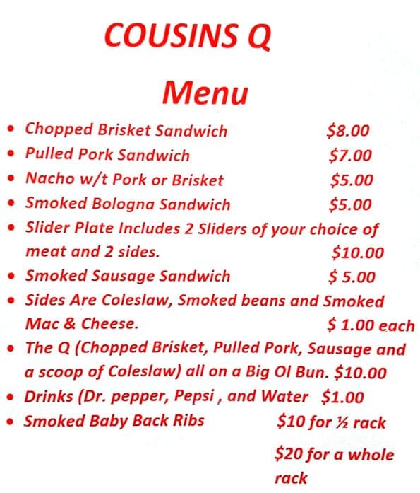 Cousins Q Food Truck Menu
