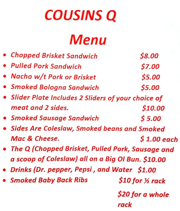 Cousins Q Food Truck Menu