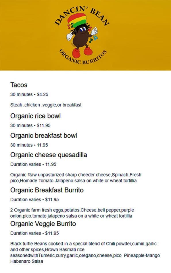 Dancin' Bean Organic Burritos Menu