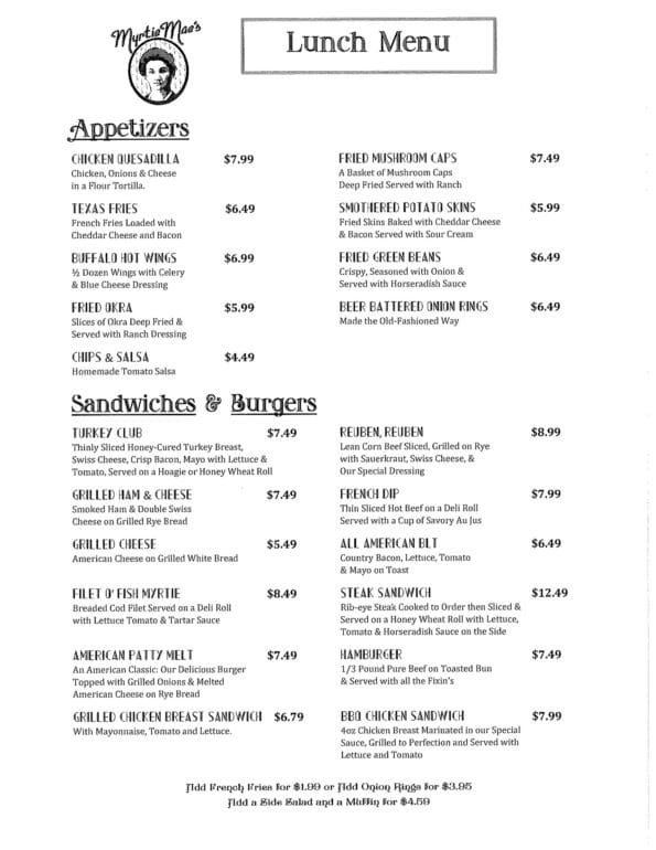 Myrtie Mae's Cafe Menu