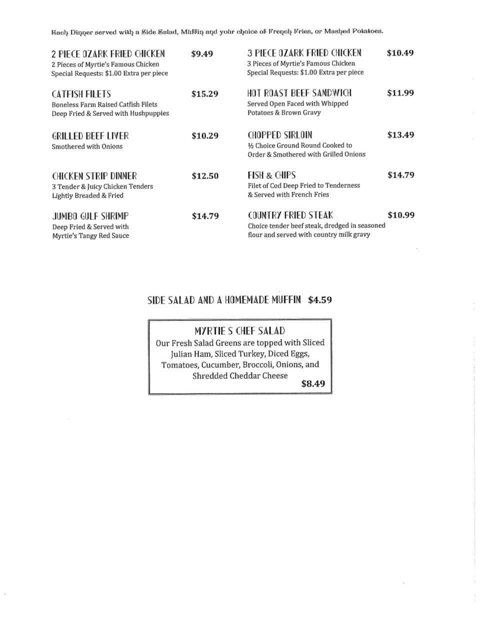 Myrtie Mae's Cafe Menu