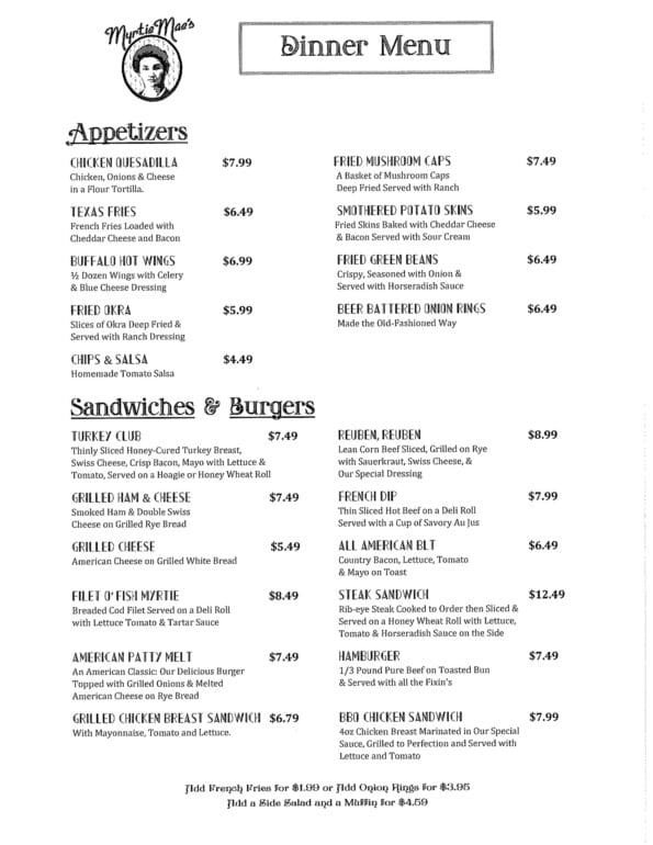 Myrtie Mae's Cafe Menu