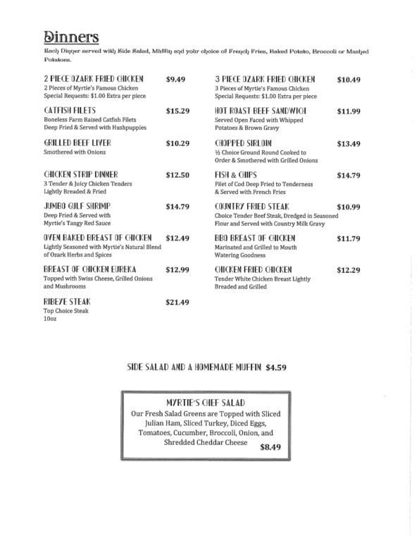Myrtie Mae's Cafe Menu
