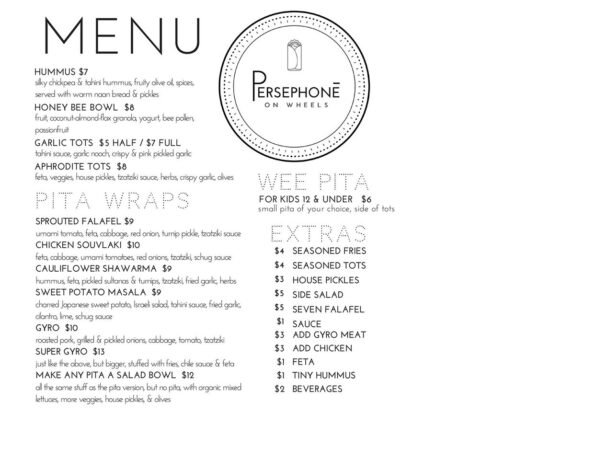 Persephone on Wheels Menu