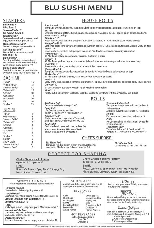 Blu Fresh Fish Market Sushi Menu