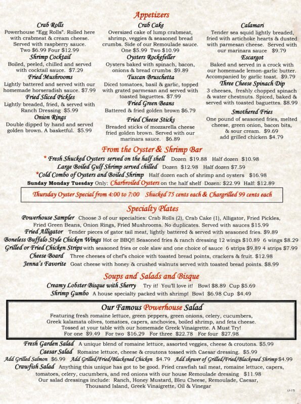 Powerhouse Seafood & Grill Menu