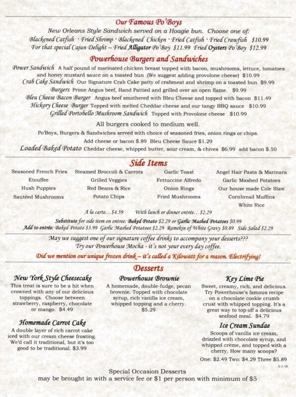 Powerhouse Seafood & Grill Menu