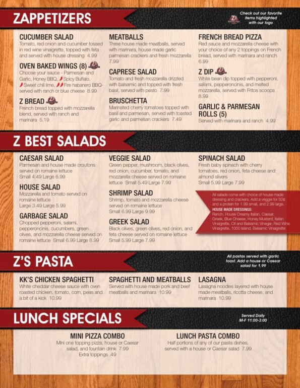 Z's Brick Oven Pizza Menu