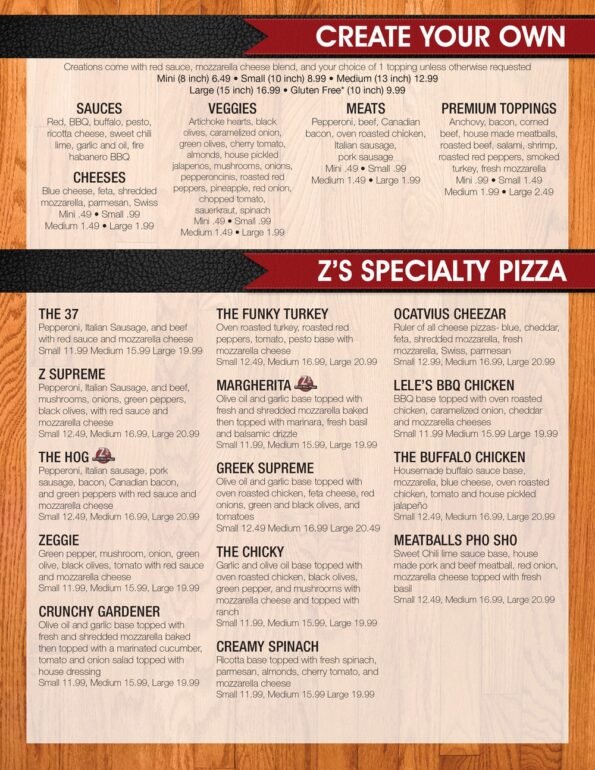 Z's Brick Oven Pizza Menu