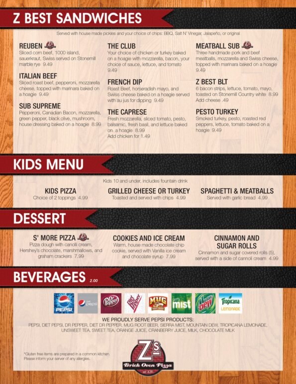Z's Brick Oven Pizza Menu